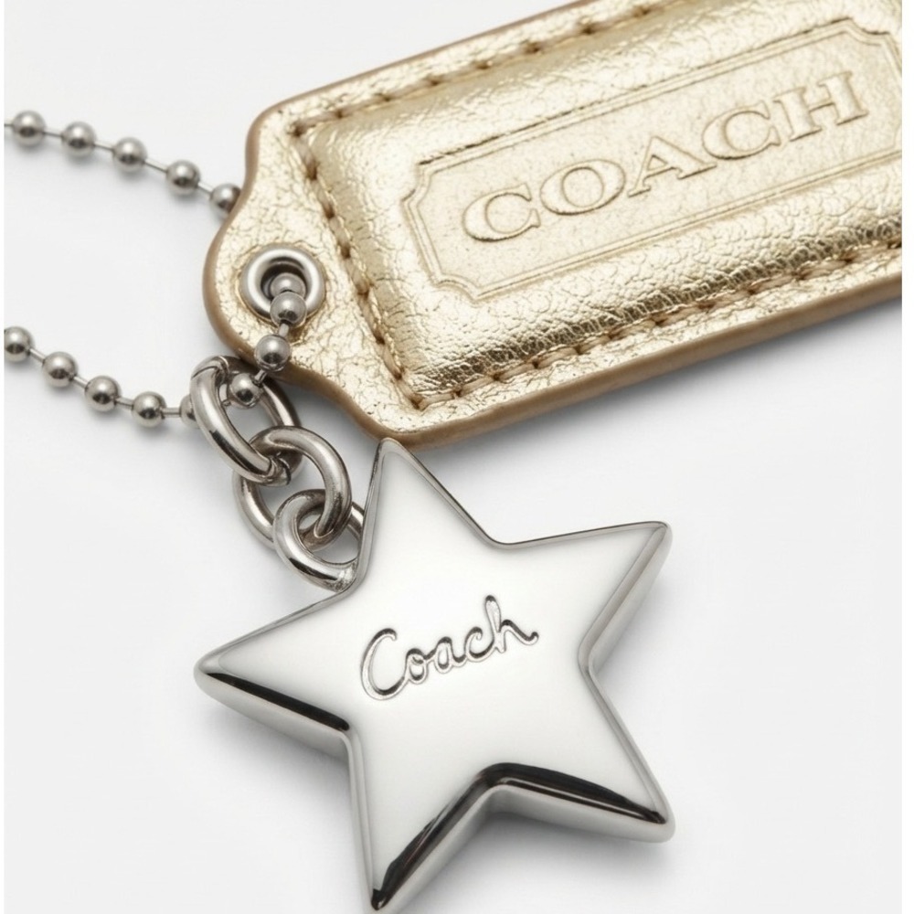 Coach Metallic Gold Leather Hangtag and Silver Star Bag Charm Keychain Accessory